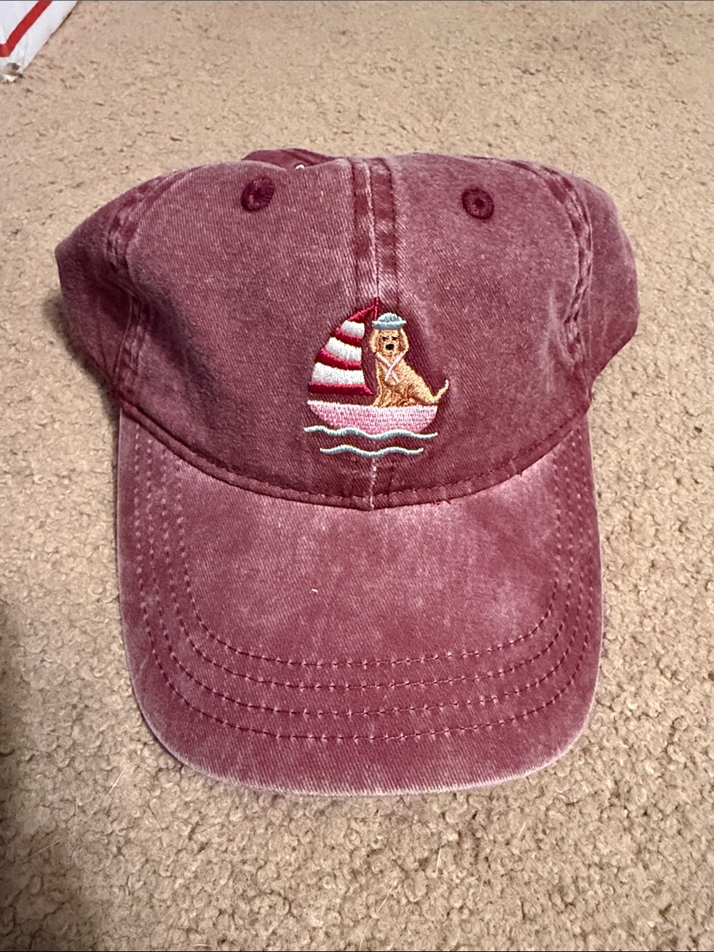 Classic Washed Maroon Baseball Cap with Embroidered Dog Sailboat